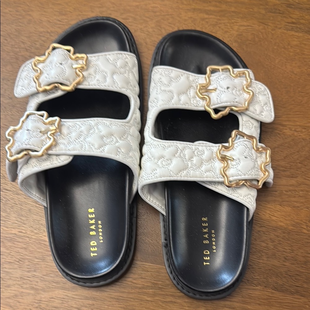 Ted Baker White and Gold Slide Sandals with Double-Strap Design